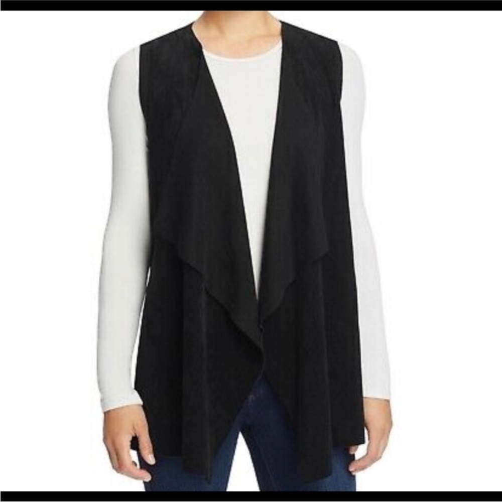 Calvin Klein Faux Suede Black Sweater Vest Sleeveless Drape Open Front